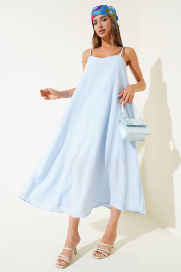 İp Askılı Ağaç Kabuğu Midi Elbise Mavi - Kadın Giyim Modelleri