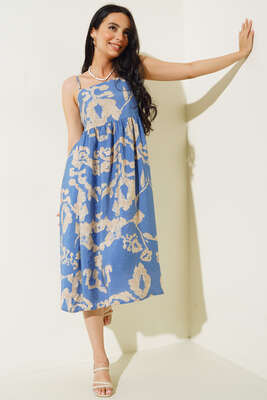 İp Askılı Desenli Elbise İndigo 