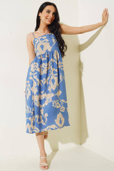 İp Askılı Desenli Elbise İndigo - Yılın Fırsatı