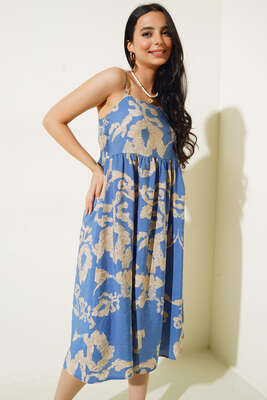 İp Askılı Desenli Elbise İndigo - Yılın Fırsatı