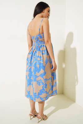 İp Askılı Desenli Elbise Saks - Yılın Fırsatı