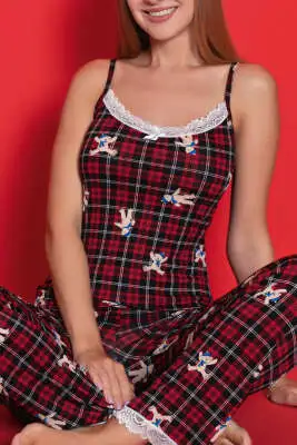 İp Askılı Dik Çizgili Pijama Takımı Bordo - Pijama