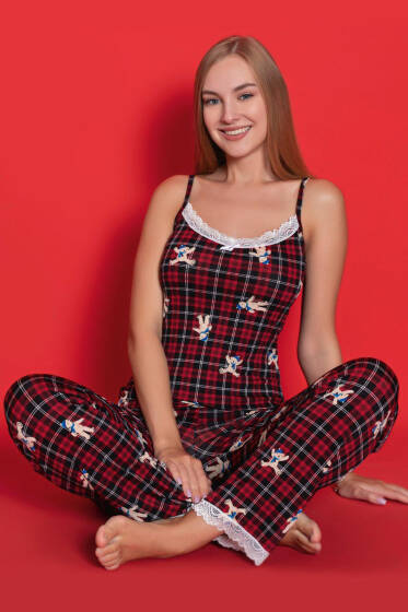 İp Askılı Dik Çizgili Pijama Takımı Bordo - Yılın Fırsatı