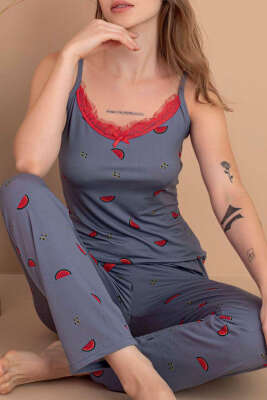 İp Askılı Dik Çizgili Pijama Takımı Kayrak Grisi - Pijama