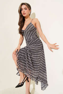 İp Askılı Ekoseli Şifon Elbise Siyah - QUZU