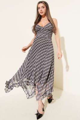 İp Askılı Ekoseli Şifon Elbise Siyah - Kadın Giyim Modelleri