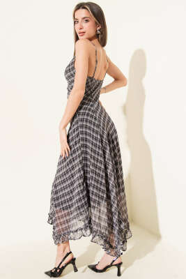 İp Askılı Ekoseli Şifon Elbise Siyah - Kadın Giyim Modelleri