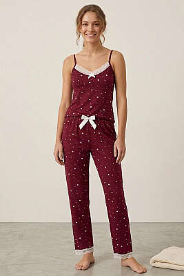 İp Askılı Kalp Baskılı Şort Pijama Takım Bordo 