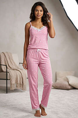 İp Askılı Kalp Baskılı Şort Pijama Takım Pembe 