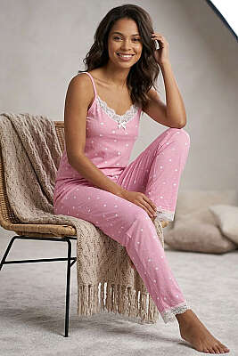 İp Askılı Kalp Baskılı Şort Pijama Takım Pembe - Pijama & Gecelik