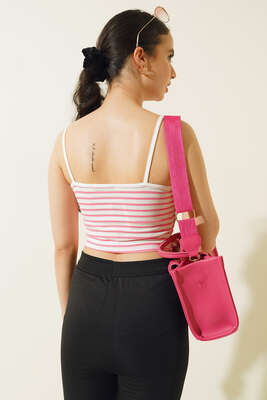 İp Askılı Kaşkorse Çizgili Crop Pembe - Kadın Giyim Modelleri