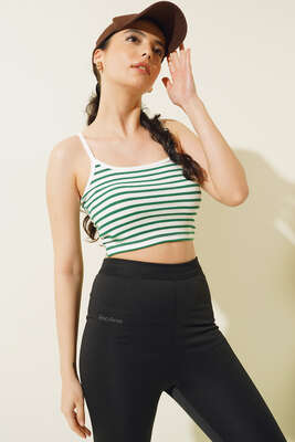 İp Askılı Kaşkorse Çizgili Crop Yeşil 