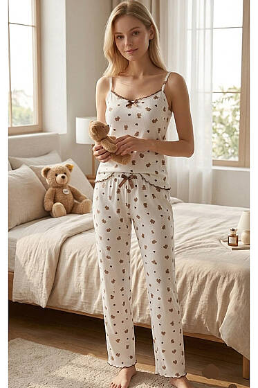 İp Askılı Kurdele Detaylı Baskılı Pijama Takımı Ekru - Pijama