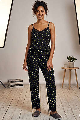 İp Askılı Limon Desen Pijama Takımı Siyah - Pijama