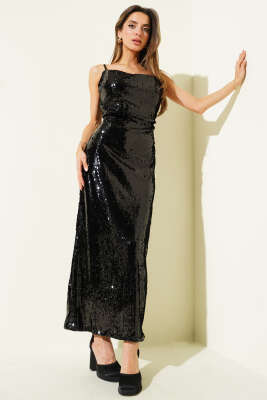 İp Askılı Pul Payet Abiye Elbise Siyah - MODA MERSİ