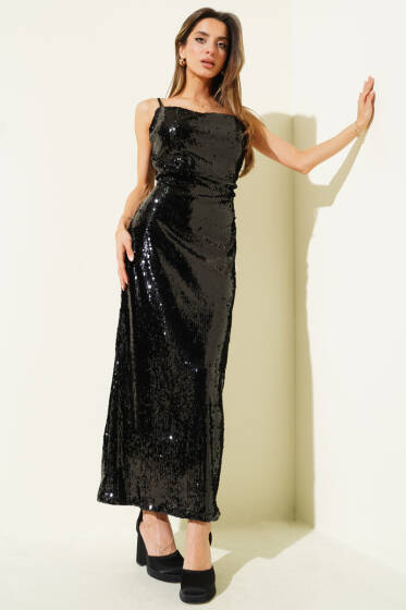 İp Askılı Pul Payet Abiye Elbise Siyah - Kadın Giyim Modelleri