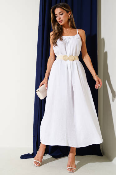 İp Askılı Salaş Müslin Elbise Ekru - Kadın Giyim Modelleri