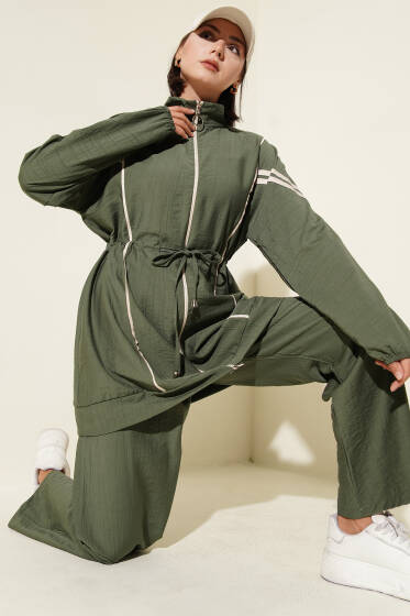 İp Bağcık Detaylı Garnili İkili Takım Haki - İKİLİ TAKIM