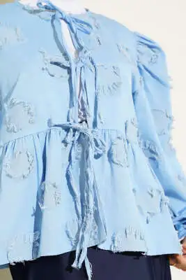 İp Bağcık Detaylı Püsküllü Kimono Mavi - Dış Giyim&Mont