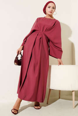 İp Bağcık Detaylı Salaş Elbise Bordo - Tesettür Elbise