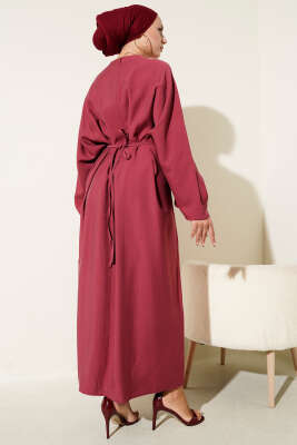 İp Bağcık Detaylı Salaş Elbise Bordo - Tesettür Elbise