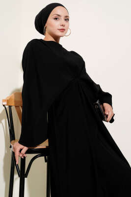 İp Bağcık Detaylı Salaş Elbise Siyah - Tesettür Elbise