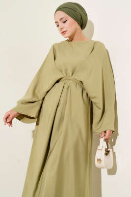 İp Bağcık Detaylı Salaş Elbise Yağ Yeşili - Tesettür Elbise