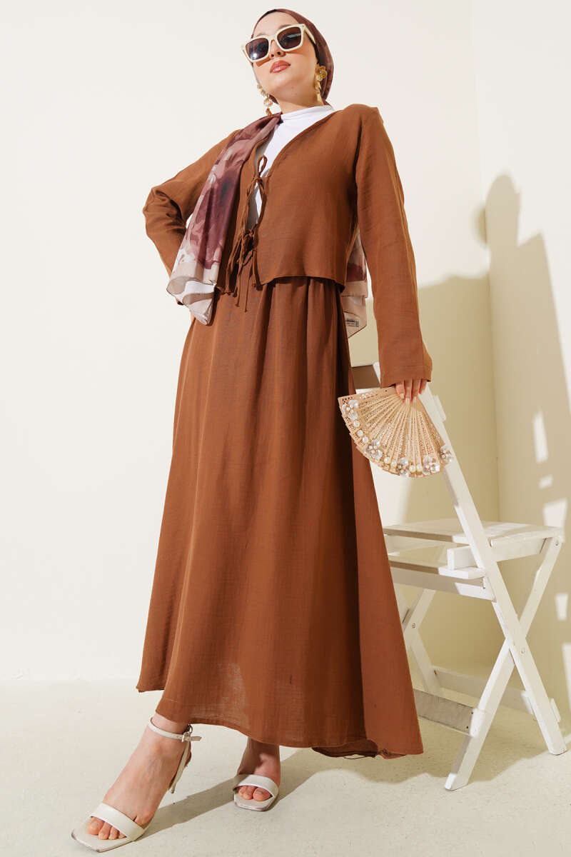 İp Bağcık Kimono Etekli İkili Takım Kahve