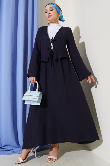 İp Bağcık Kimono Etekli İkili Takım Lacivert - İkili Takım