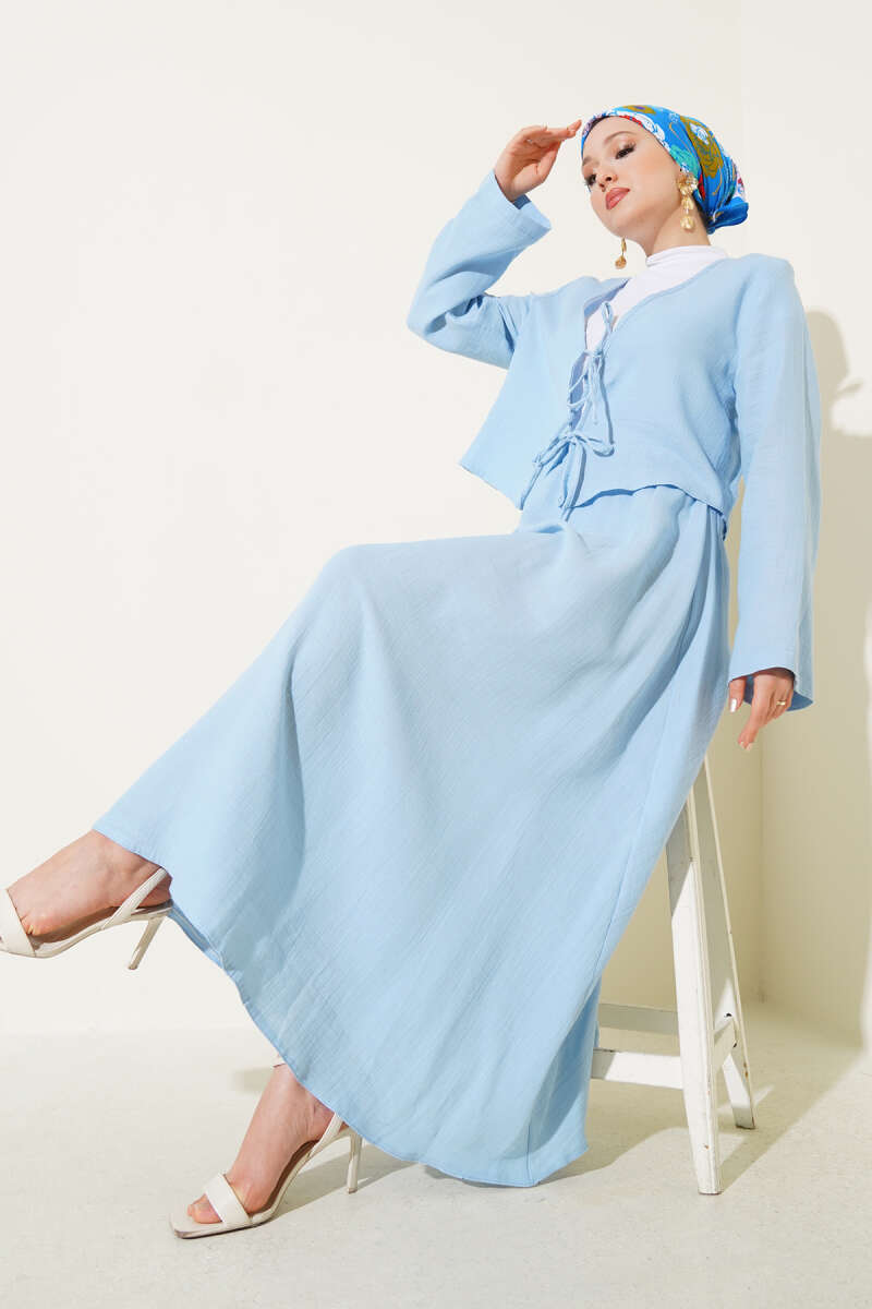 İp Bağcık Kimono Etekli İkili Takım Mavi