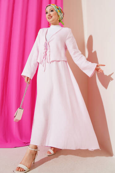 İp Bağcık Kimono Etekli İkili Takım Pembe - İkili Takım