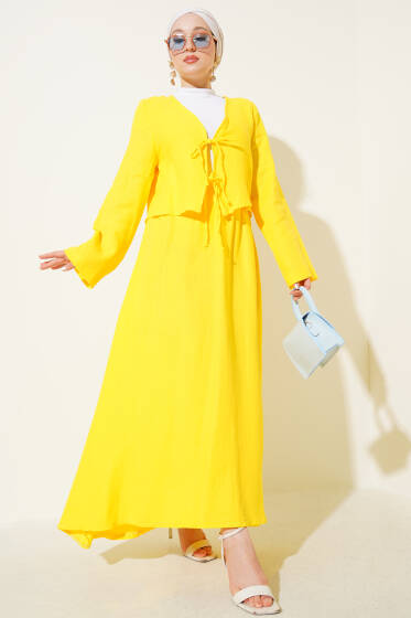 İp Bağcık Kimono Etekli İkili Takım Sarı - İkili Takım