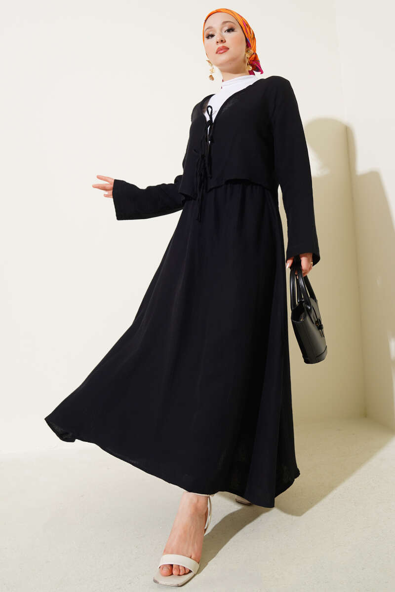 İp Bağcık Kimono Etekli İkili Takım Siyah