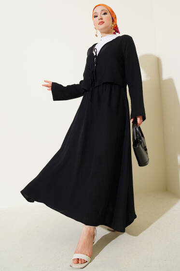 İp Bağcık Kimono Etekli İkili Takım Siyah - İkili Takım