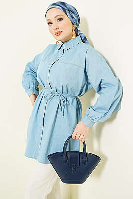 İp Bağcıklı Balon Kol Kot Gömlek Buz Mavisi 