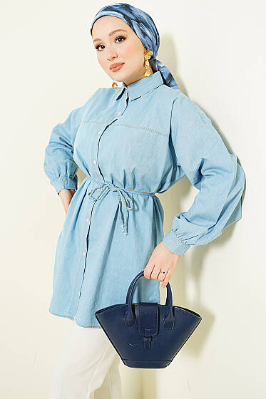 İp Bağcıklı Balon Kol Kot Gömlek Buz Mavisi - Gömlek
