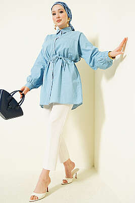 İp Bağcıklı Balon Kol Kot Gömlek Buz Mavisi - Gömlek