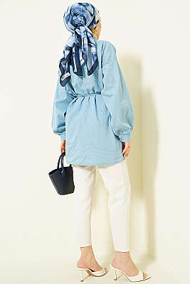 İp Bağcıklı Balon Kol Kot Gömlek Buz Mavisi - Gömlek