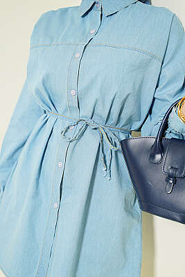 İp Bağcıklı Balon Kol Kot Gömlek Buz Mavisi - Gömlek