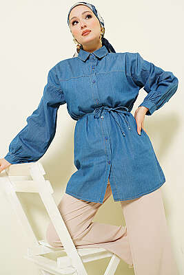 İp Bağcıklı Balon Kol Kot Gömlek Kot Mavisi - Gömlek