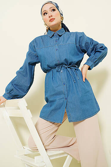 İp Bağcıklı Balon Kol Kot Gömlek Kot Mavisi - Gömlek