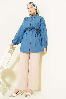 İp Bağcıklı Balon Kol Kot Gömlek Kot Mavisi - Gömlek