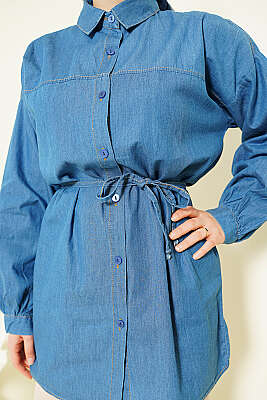 İp Bağcıklı Balon Kol Kot Gömlek Kot Mavisi - Gömlek