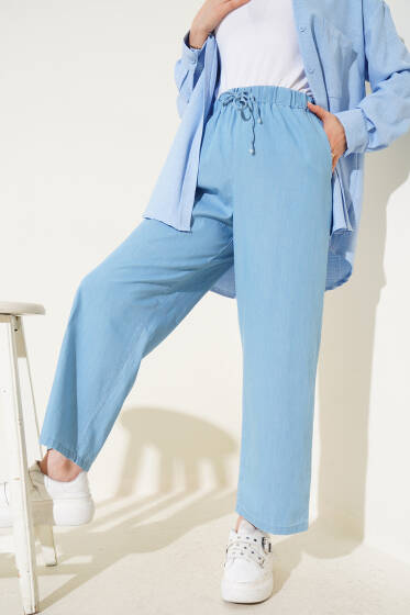 İp Bağcıklı Beli Lastikli Pantolon Kot Mavisi - Yeni Tesettür Giyim