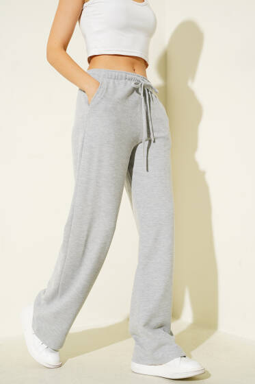 İp Bağcıklı Bol Paça Pantolon Gri - Kadın Giyim Modelleri