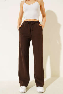 İp Bağcıklı Bol Paça Pantolon Kahve - Kadın Giyim Modelleri