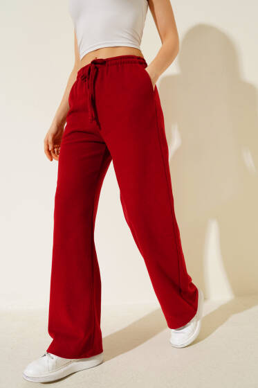 İp Bağcıklı Bol Paça Pantolon Kırmızı - Kadın Giyim Modelleri