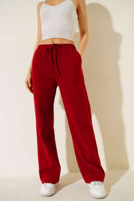 İp Bağcıklı Bol Paça Pantolon Kırmızı - Kadın Giyim Modelleri