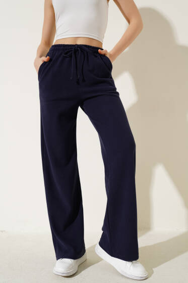 İp Bağcıklı Bol Paça Pantolon Lacivert - Kadın Giyim Modelleri