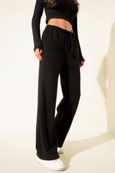 İp Bağcıklı Bol Paça Pantolon Siyah - Kadın Giyim Modelleri